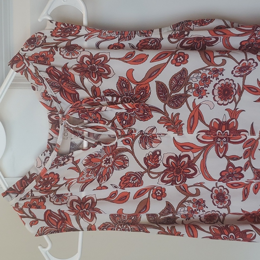 Floral Ruffle Tie Neck Mixed Media Shell - Picture 2 of 3